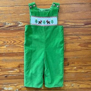 Boys 12M Shrimp & Grits Christmas lime green corduroy overall smocked front